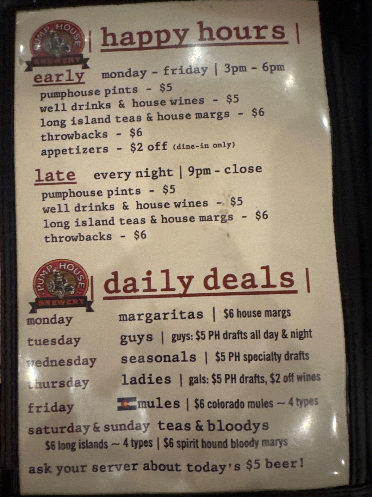 Pumphouse Brewery Happy Hour deal in Longmont